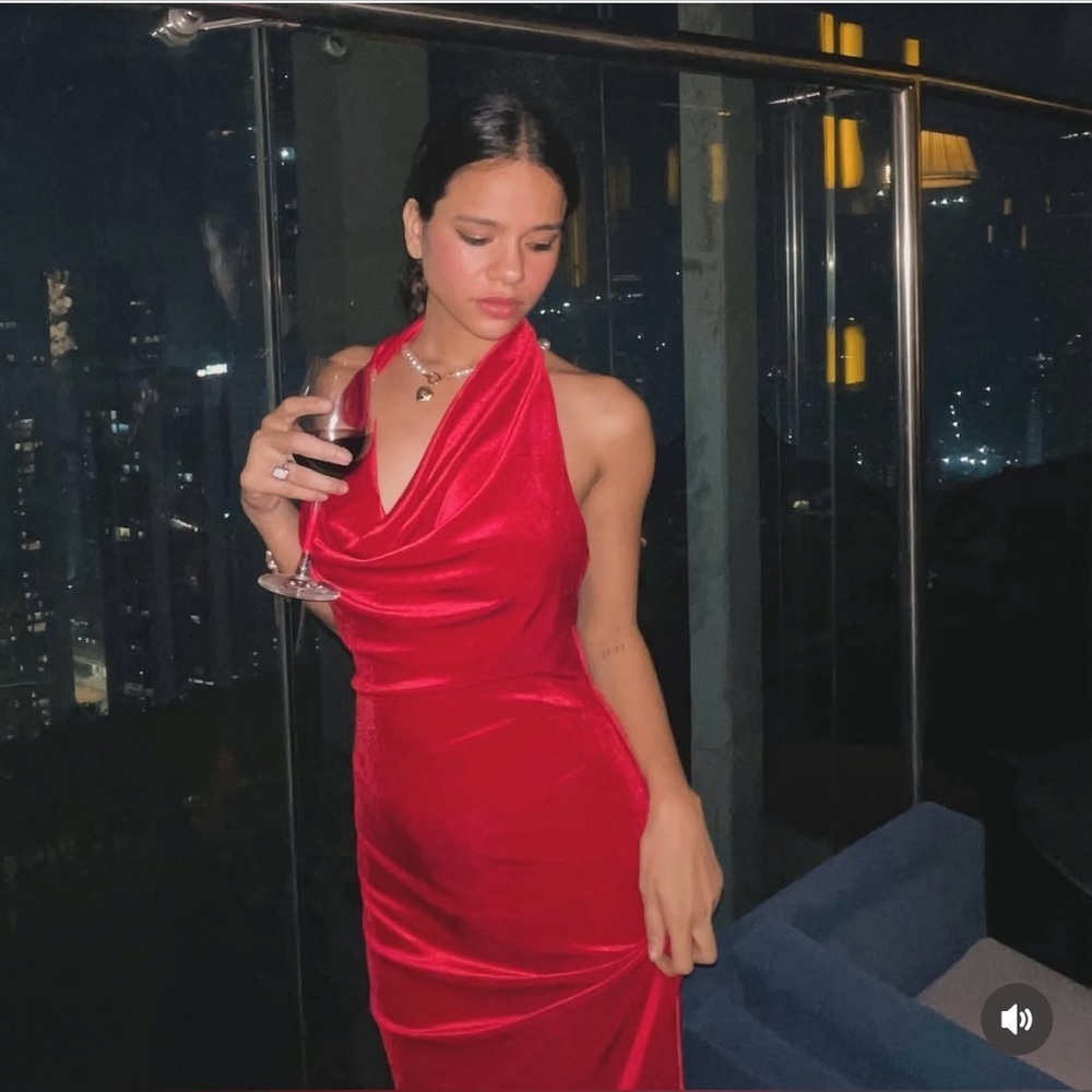 Zara dress maxi festive velour red halter party wedding Christmas
